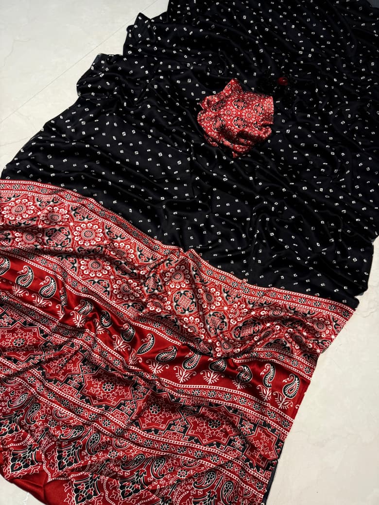 Authentic Ajrakh Print Saree in Black for Stylish Daily & Party Look