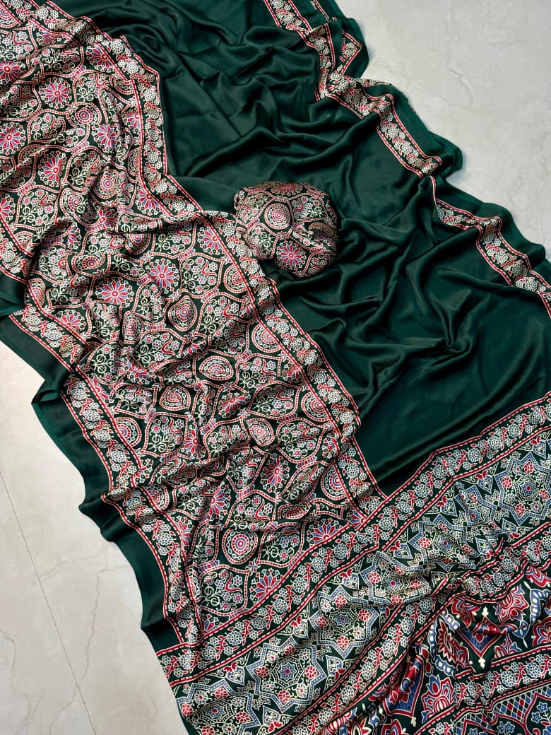 Classic Ajrakh Print Saree in Green with Premium Quality Material