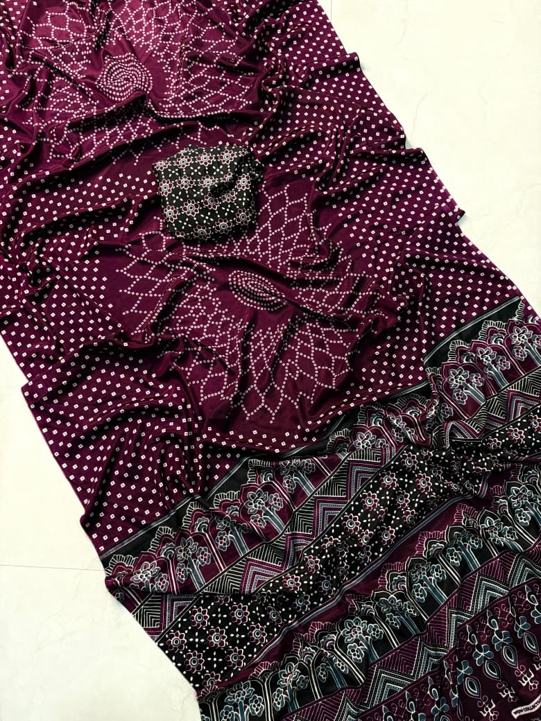 Graceful Wine Ajrakh Printed Saree Perfect for Festive and Cultural Events