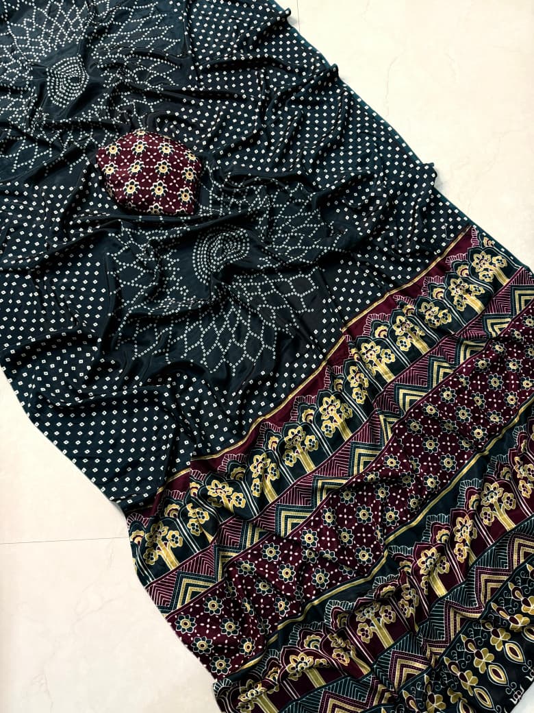 Stylish Black Ajrakh Saree with Classic Ethnic Block Print Artwork