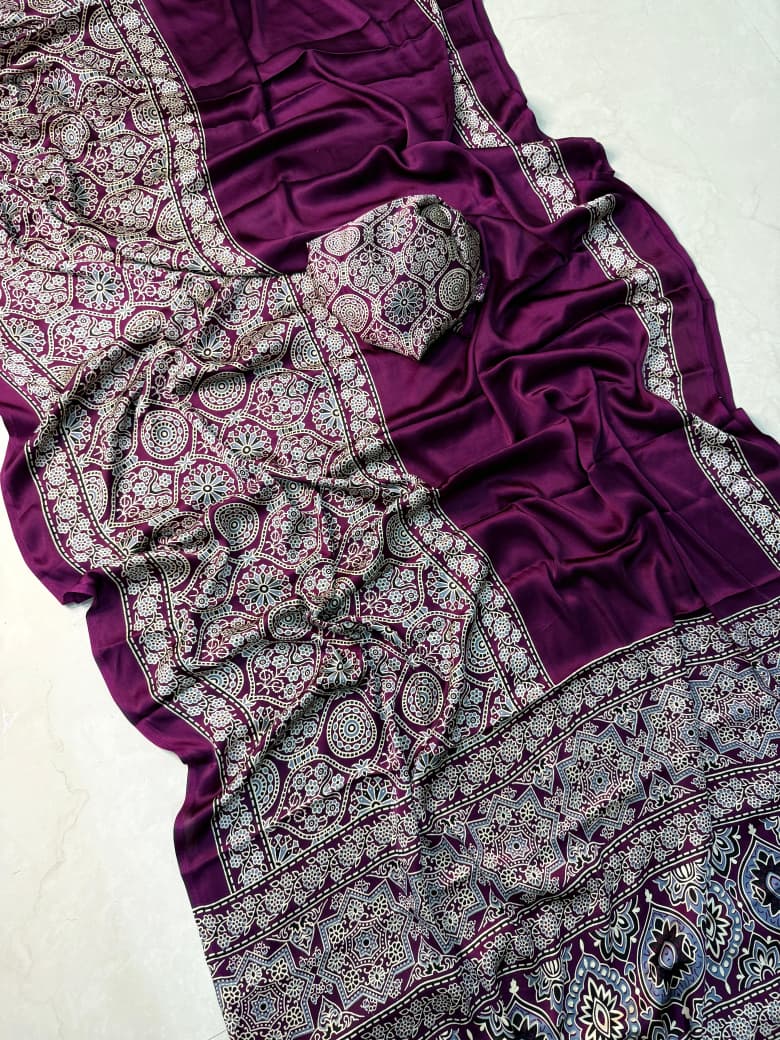 Beautiful Wine Ajrakh Saree with Premium Handblock Print Detailing