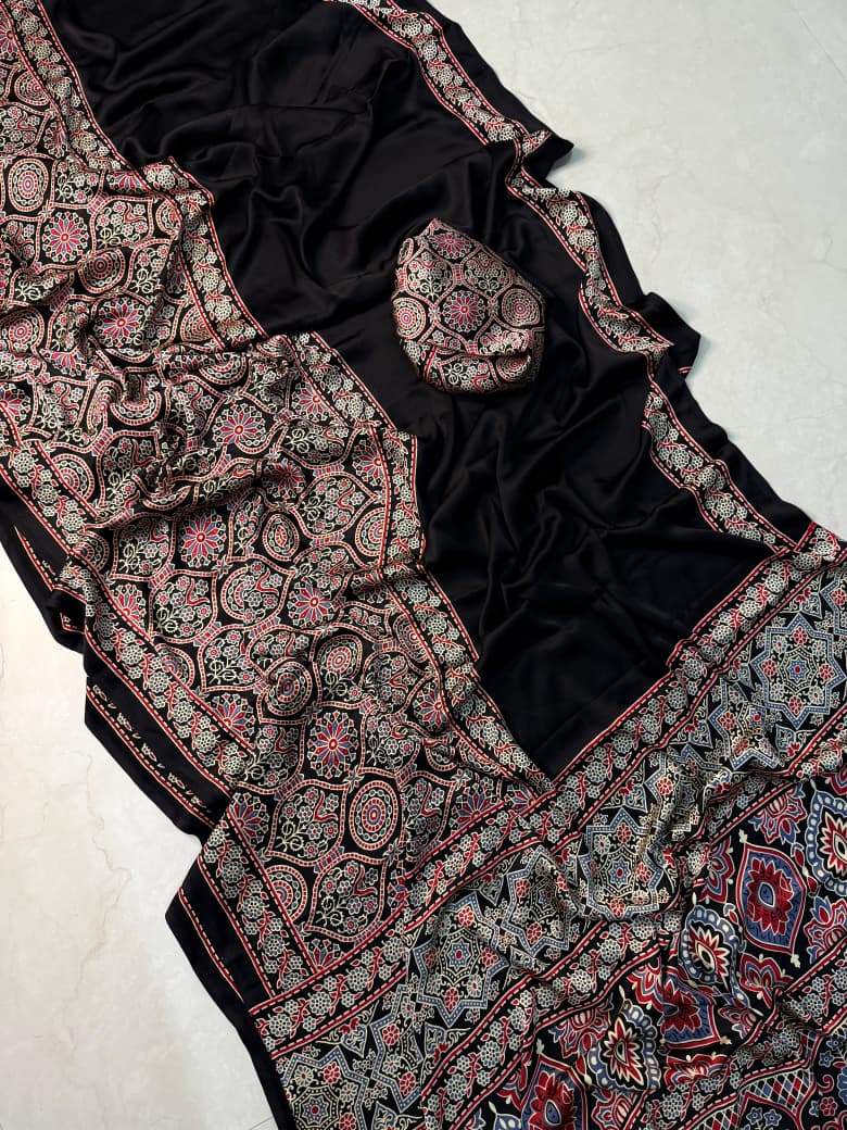 Soft & Breathable Black Ajrakh Saree with Attractive Traditional Designs
