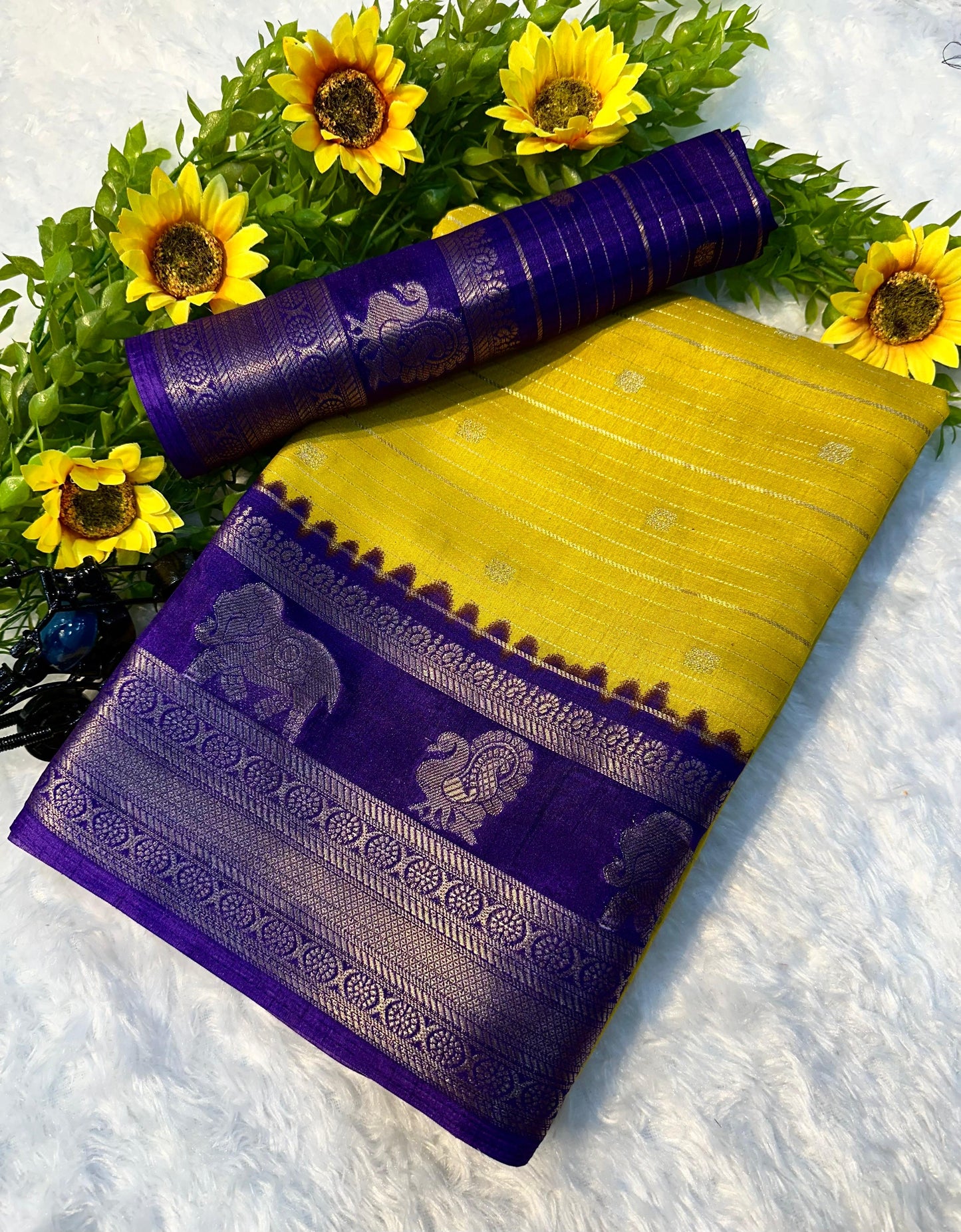 Premium Designer Crepe Silk Saree in Blue Yellow Color with Smooth Finish and Rich Appeal