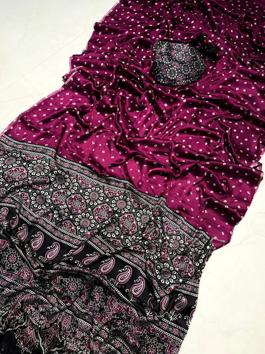 Premium Ajrakh Print Saree in Wine with Elegant Traditional Design