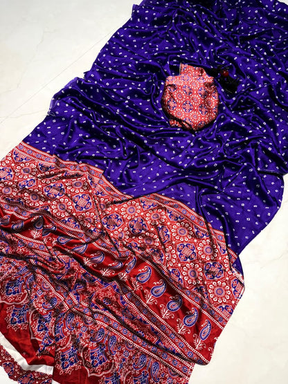 Handcrafted Blue  Ajrakh Print Saree for Festive & Ethnic Wear