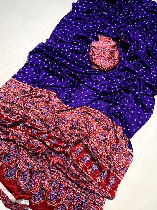 Handcrafted Blue  Ajrakh Print Saree for Festive & Ethnic Wear