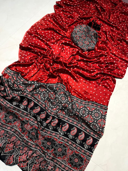 Beautiful Red Ajrakh Print Saree with Soft Fabric & Classic Patterns