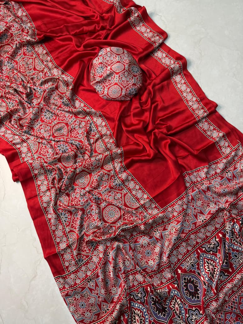 Elegant Ajrakh Print Saree in Red Perfect for Weddings & Functions