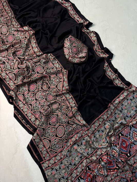 Trendy Black Ajrakh Printed Saree Crafted for Comfort & Style