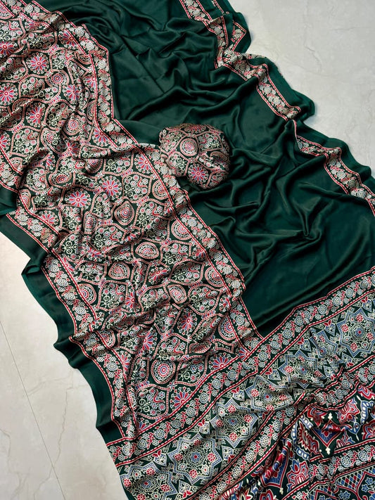 Classic Ajrakh Print Saree in Green with Premium Quality Material