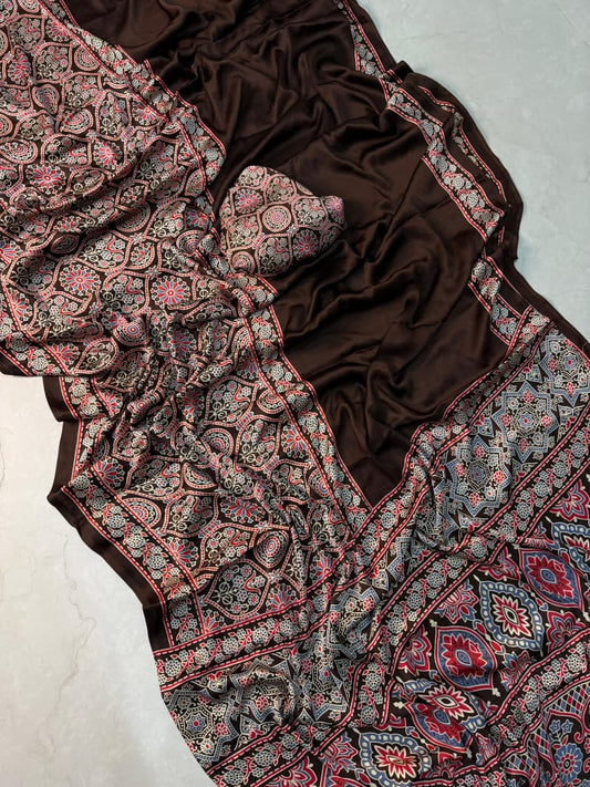 Traditional Brown Ajrakh Print Saree for Graceful Ethnic Appearance