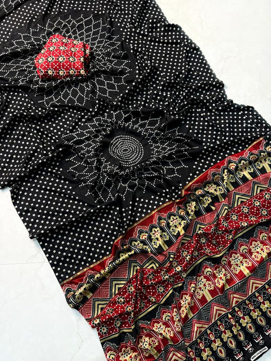 Stunning Black Ajrakh Print Saree with Intricate Handcrafted Traditional Patterns