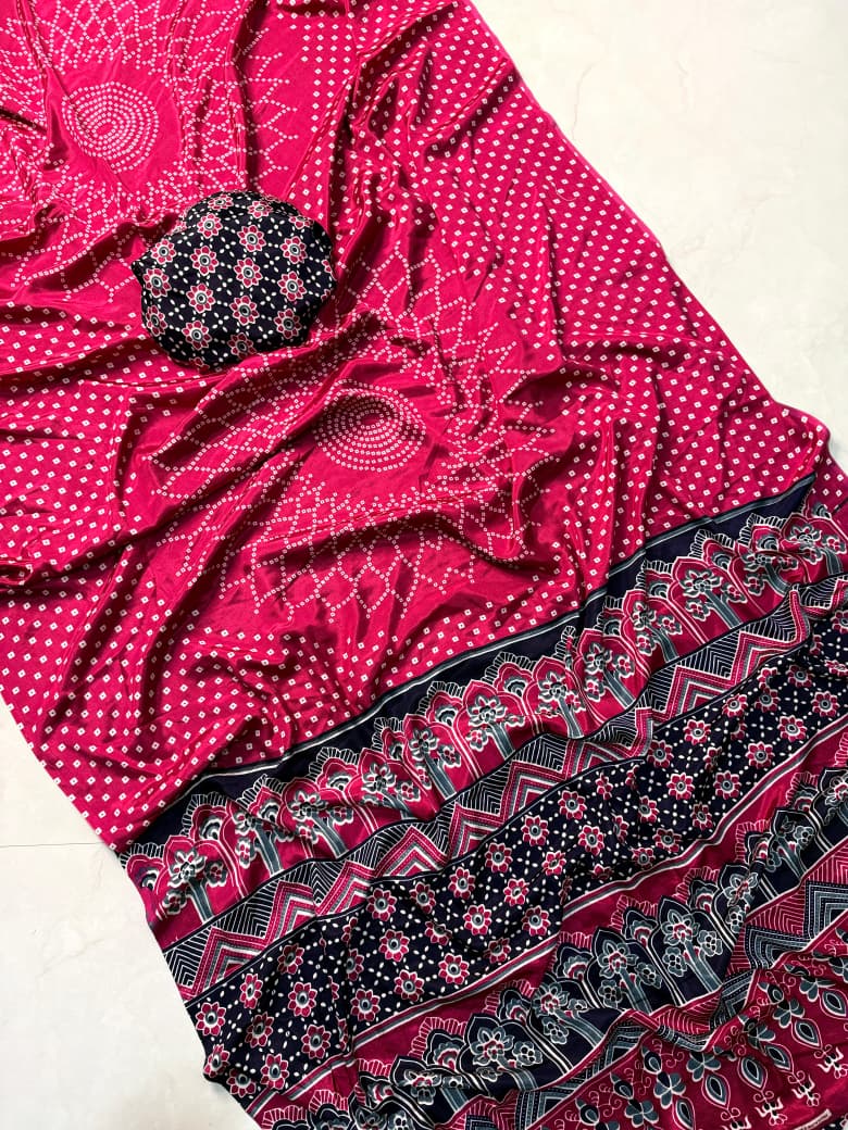 Premium Quality Pink Ajrakh Saree with Fine Detailing and Rich Motifs