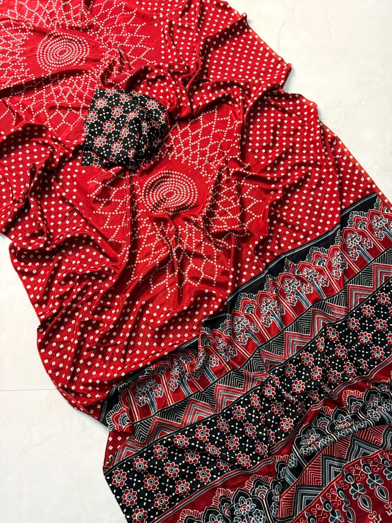 Handmade Red Ajrakh Print Saree Crafted for a Sophisticated Ethnic Style