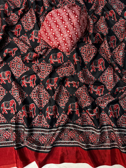 Black Ajrakh Pure Crep Silk Saree with Red Broder