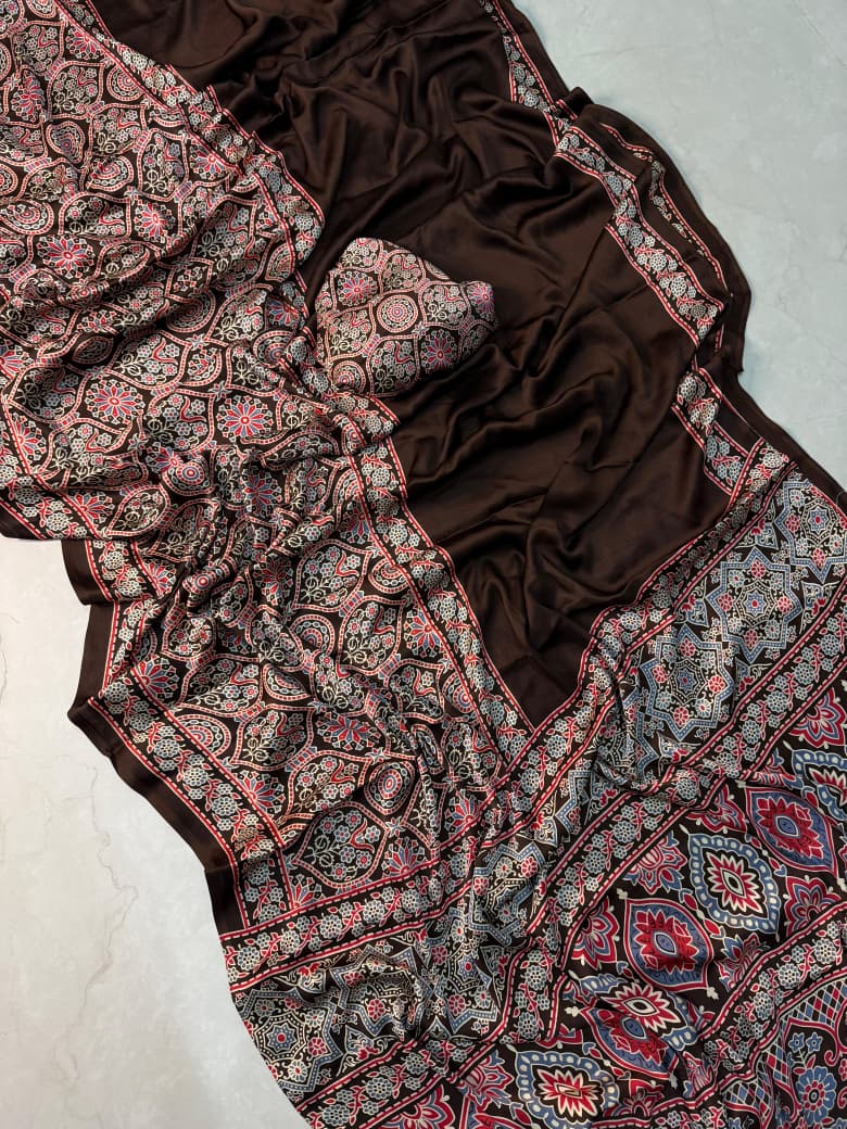 Elegant Brown Ajrakh Print Saree Ideal for Wedding, Parties, and Occasions