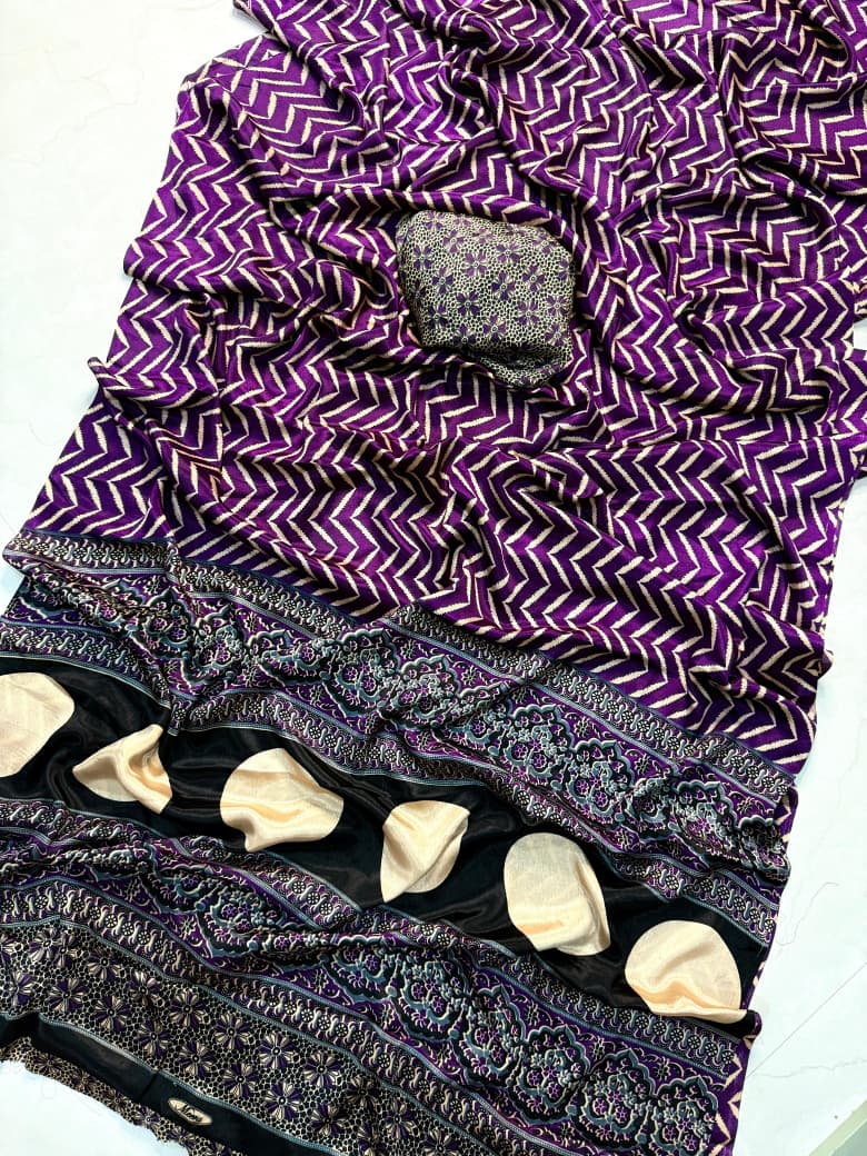 Handprinted Purple Ajrakh Saree with Stylish and Minimalist Pattern Work