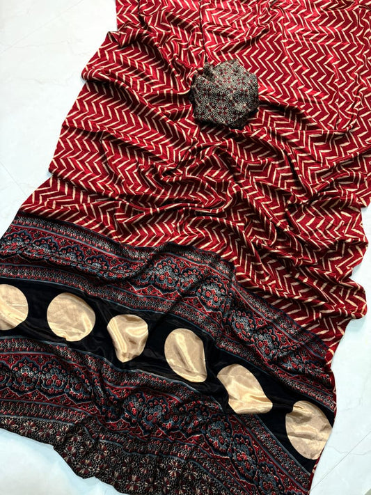 Classic Red Ajrakh Printed Saree Perfect for Cultural and Festive Looks