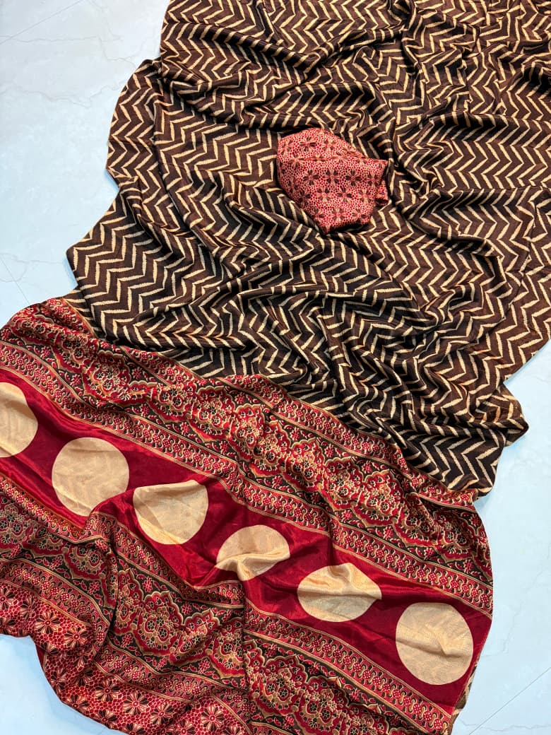 Luxurious Brown Ajrakh Print Saree with Fine Artistic Detailing