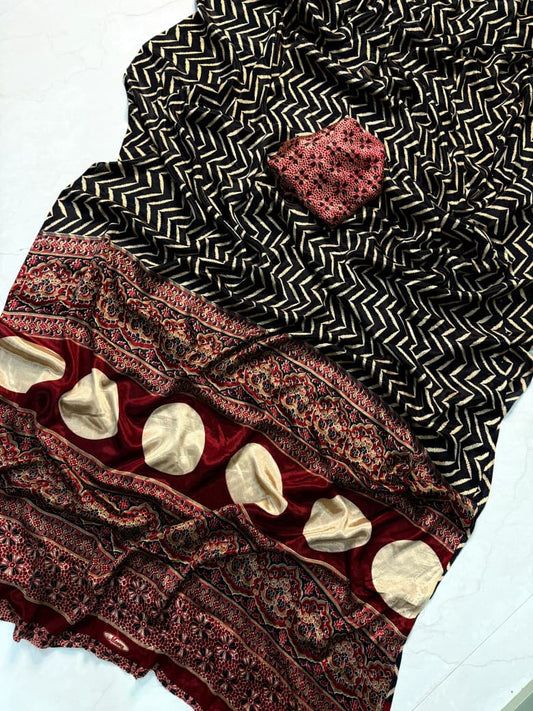 Timeless Black Ajrakh Saree Designed with Authentic Traditional Block Printing