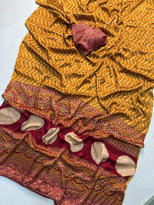 Comfortable Yellow Ajrakh Print Saree for Ethnic and Office Wear