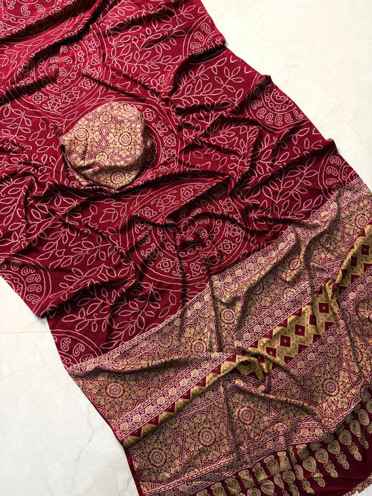 Pure Handblock Marun Ajrakh Print Saree with Elegant Motifs