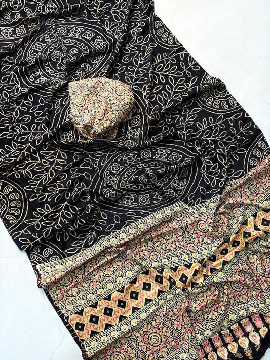 Exquisite Black Ajrakh Saree Crafted for Traditional and Modern Style