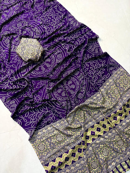 Trendy Purple Ajrakh Print Saree with Soft, Smooth, and Skin-Friendly Fabric