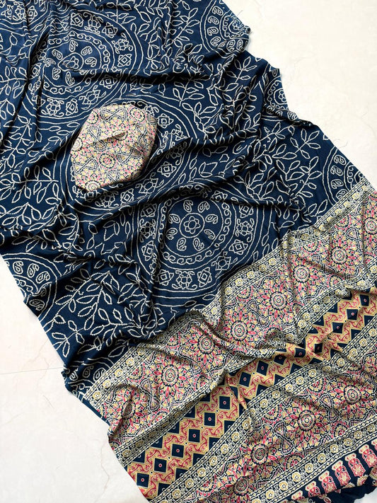 Rich Design Blue Ajrakh Printed Saree Perfect for Special Celebrations