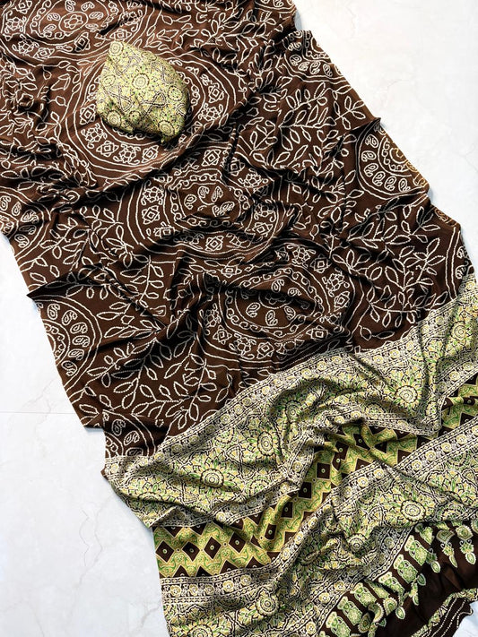 Designer Brown Ajrakh Saree with Stunning Traditional Block Print Work