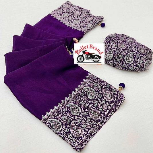 Handloom Inspired Purple Ajrakh Print Saree with Elegant Patterns