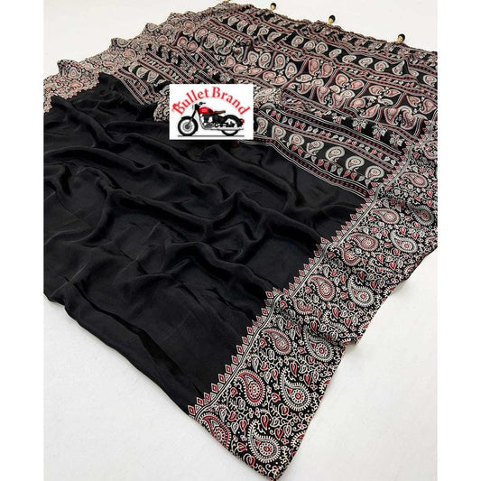 Ethnic Style Black Ajrakh Printed Saree for Graceful Traditional Looks