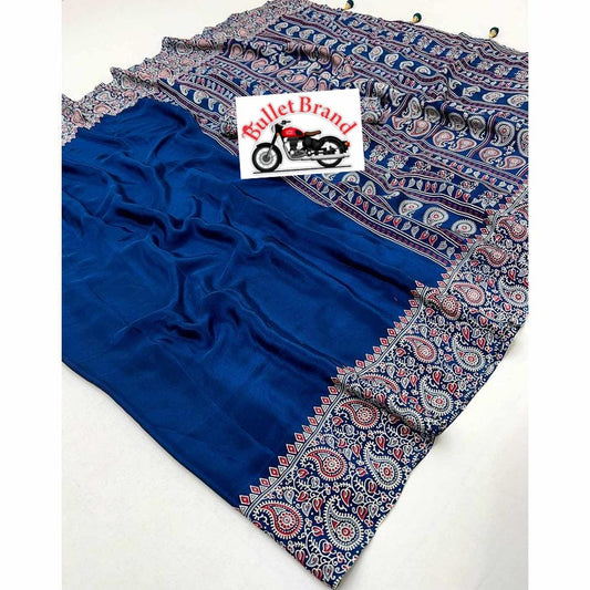 Soft Cotton R Blue Ajrakh Saree with Rich Handblock Print Detailing