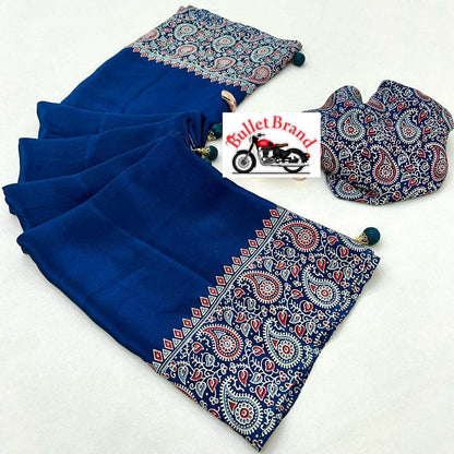 Soft Cotton R Blue Ajrakh Saree with Rich Handblock Print Detailing