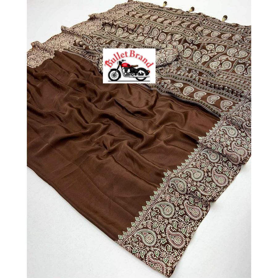 Trendsetting Brown Ajrakh Printed Saree for Fashionable Ethnic Appearance