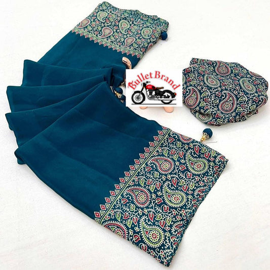 Gorgeous Firozi Ajrakh Saree with Designer Handblock Arts