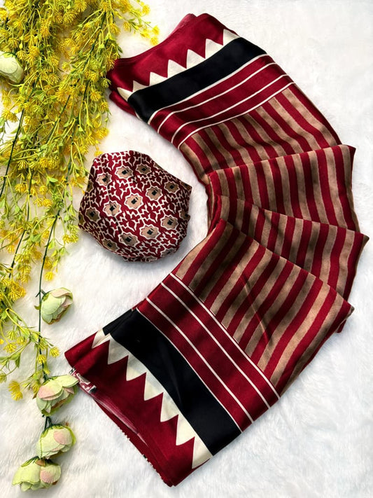 Pure Printed Marun Ajrakh Saree with Premium Authentic Block Patterns