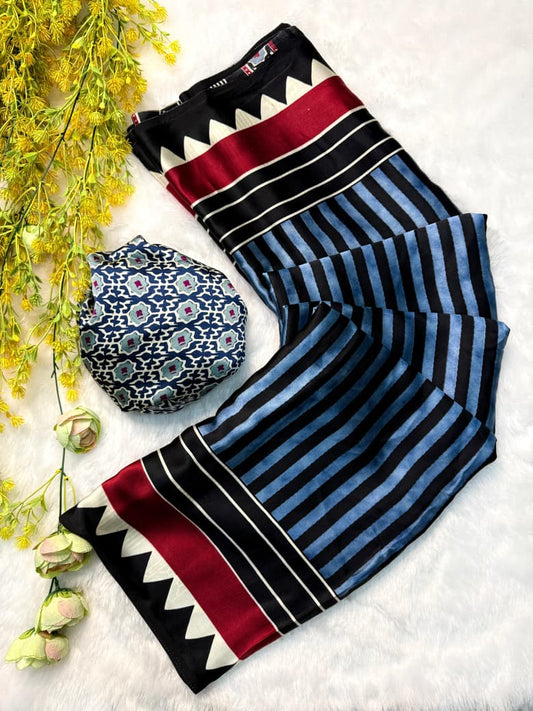 Festive Collection N Blue Ajrakh Saree with Beautiful Traditional Detailing