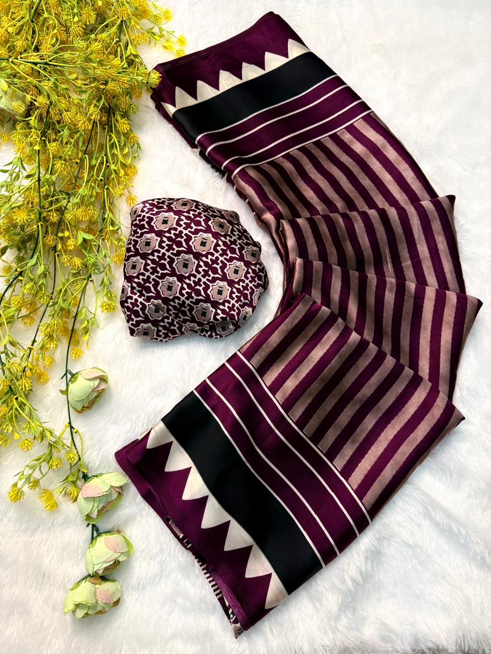 Fashionable Wine Ajrakh Print Saree with Subtle Ethnic Motifs