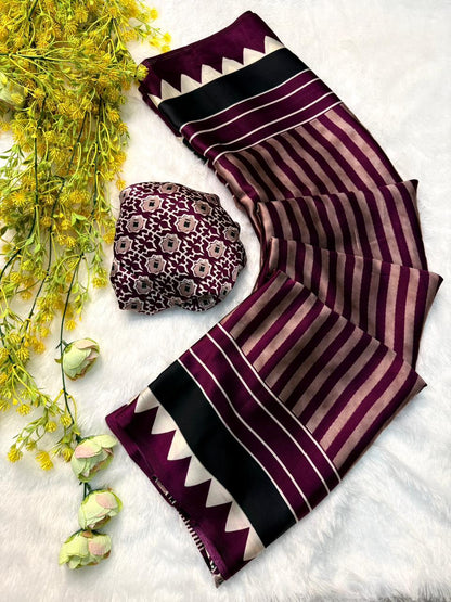 Fashionable Wine Ajrakh Print Saree with Subtle Ethnic Motifs