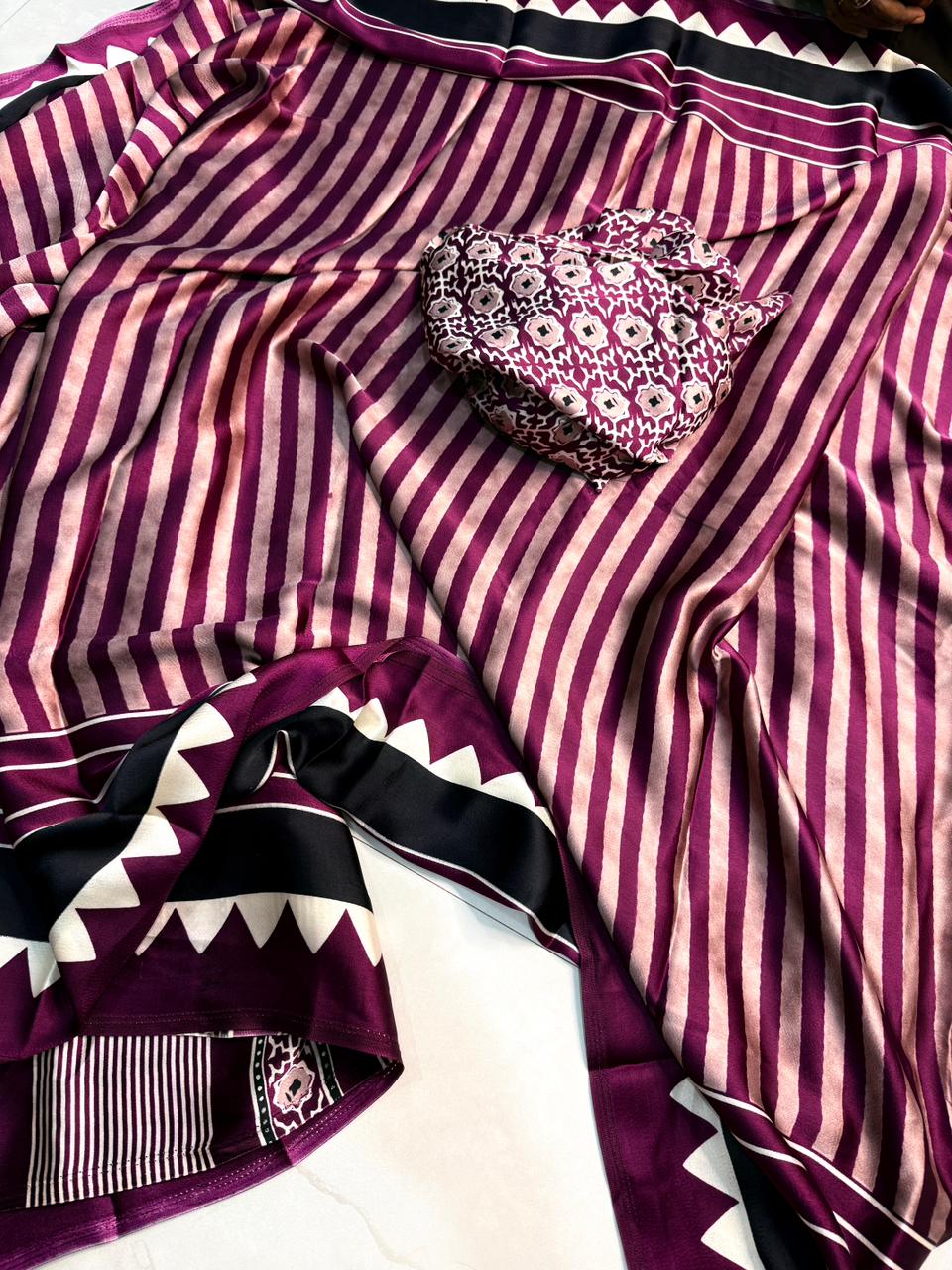 Fashionable Wine Ajrakh Print Saree with Subtle Ethnic Motifs