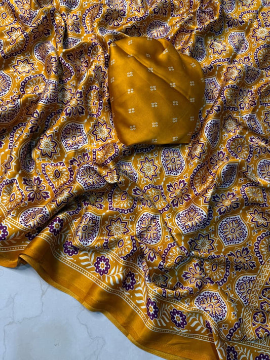 Soft Weave Yellow Ajrakh Saree with Attractive Handcrafted Block Print