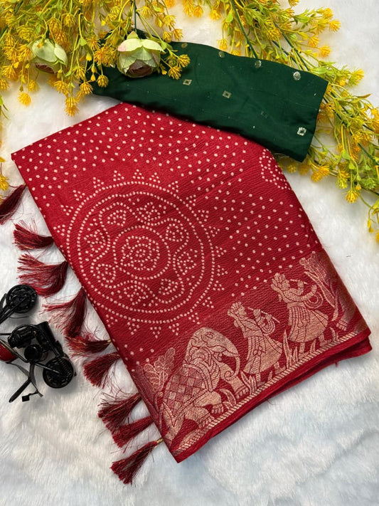 Handcrafted Bandhej Saree in Vibrant Red Shade for Perfect Celebration