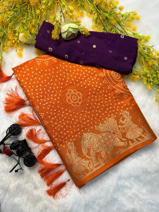 Authentic Bandhej Printed Saree in Trendy Orange Color for Modern Look