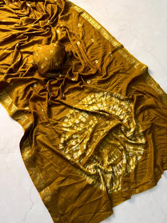 Handcrafted Bandhej Saree in Premium Mustard Gold Shade for Festive Celebrations