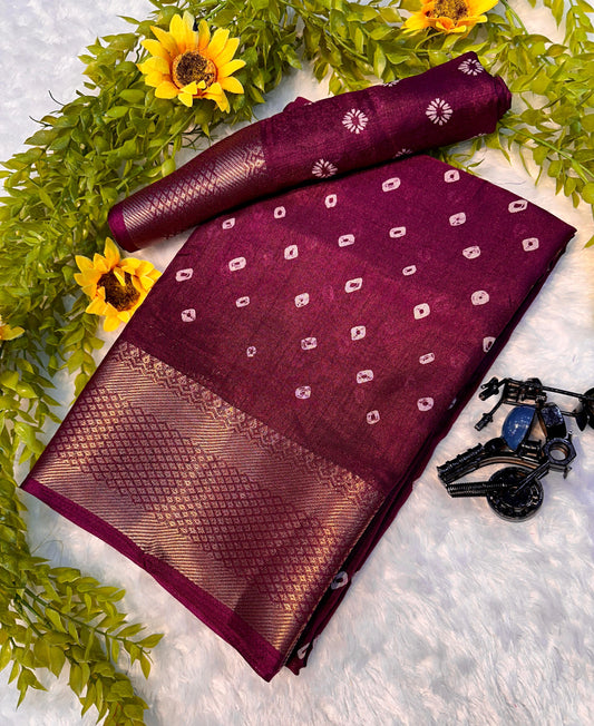 Handcrafted Bandhej Saree in Unique Wine Shade for Festival Outfits