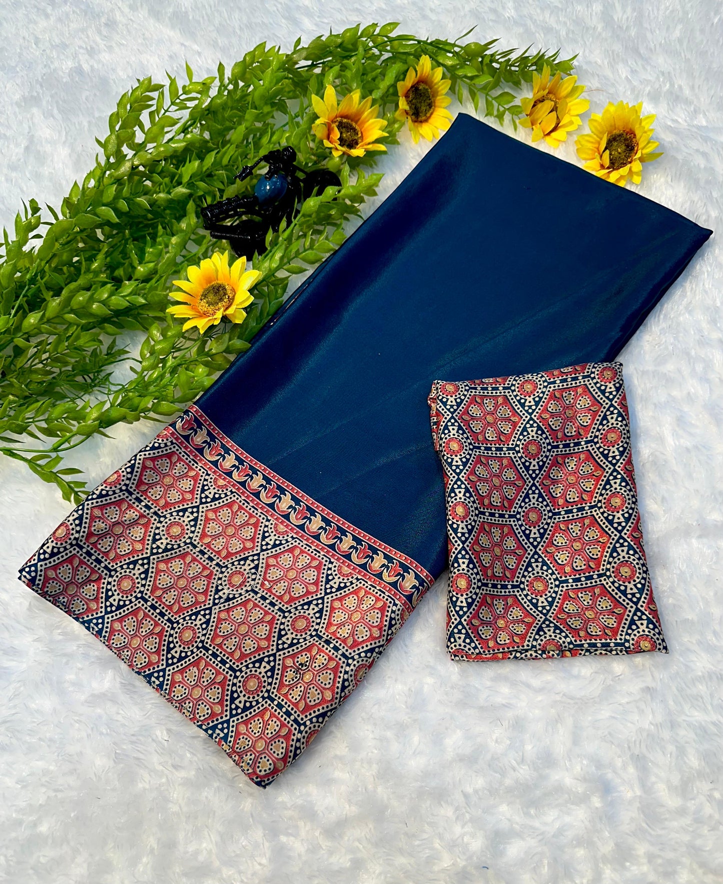 Elegant Ajrakh Printed Saree in Firozi for Daily and Festive Wear