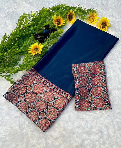 Elegant Ajrakh Printed Saree in Firozi for Daily and Festive Wear