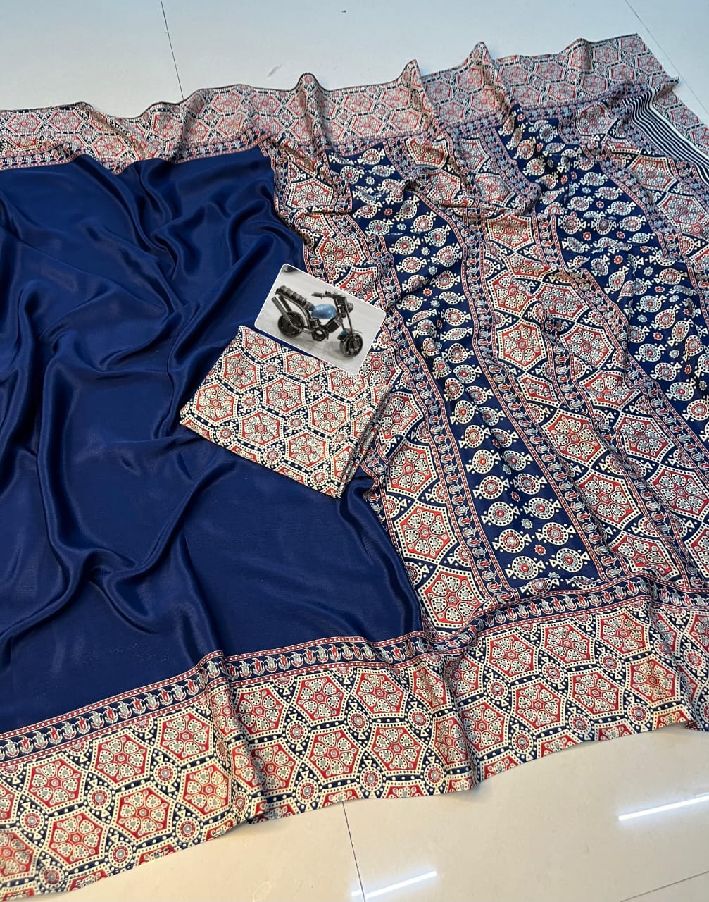 Elegant Ajrakh Printed Saree in Firozi for Daily and Festive Wear
