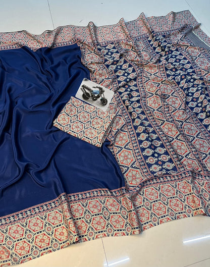 Elegant Ajrakh Printed Saree in Firozi for Daily and Festive Wear